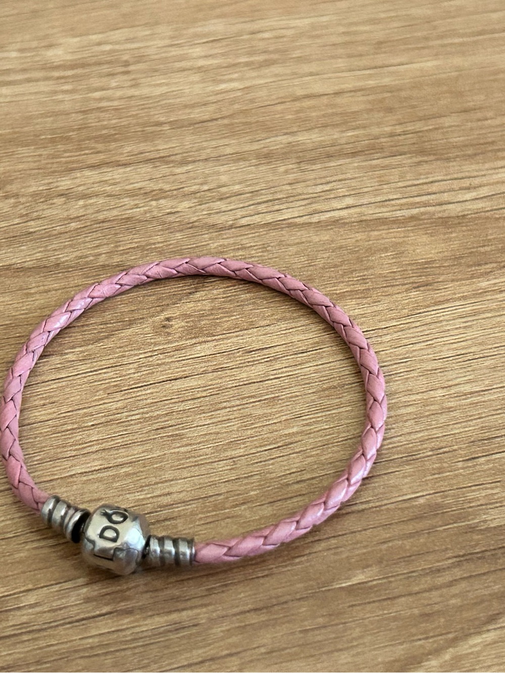 Authentic Pandora Pink Braided Leather Bracelet with Silver Bead (6.75” long)
